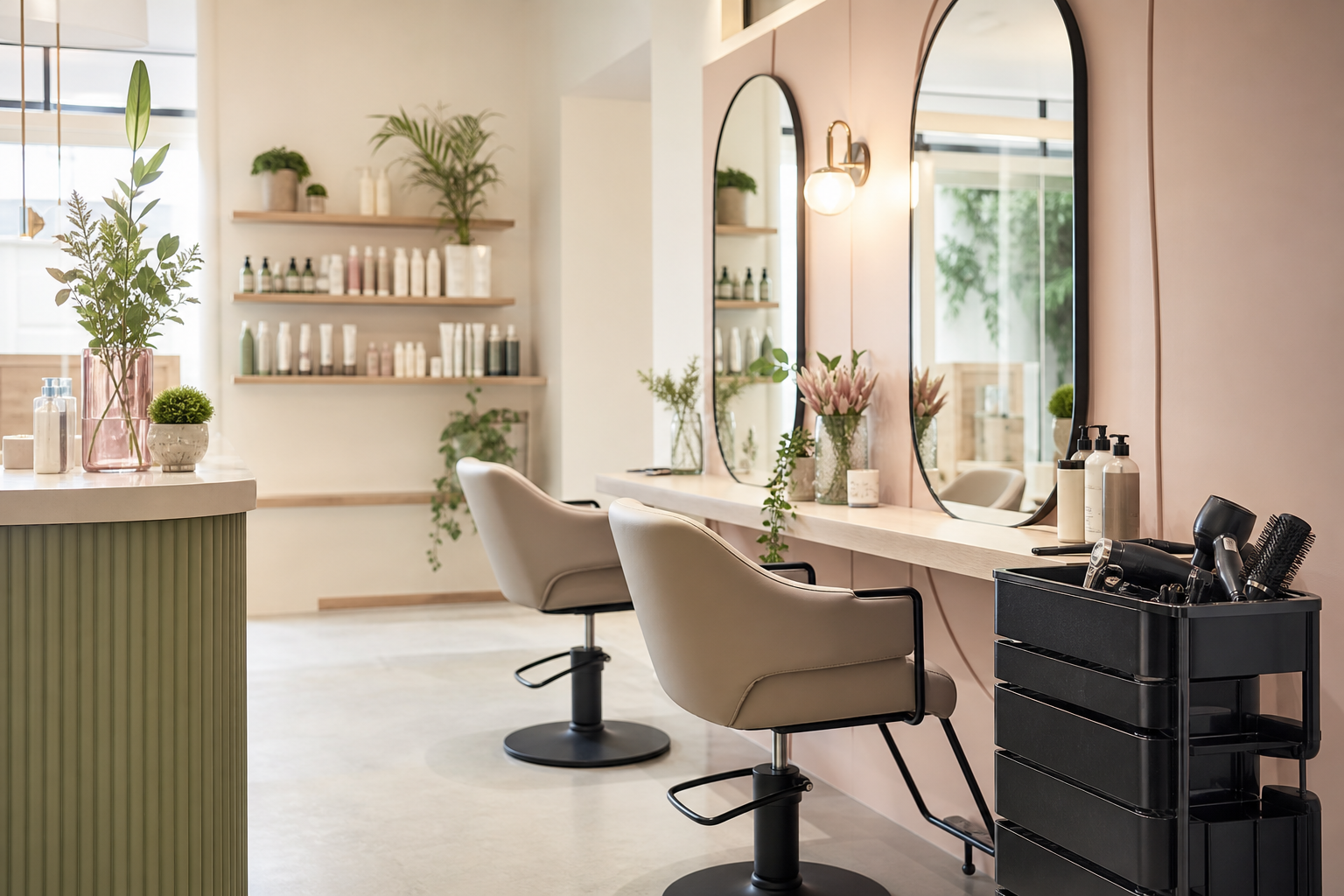 Contemporary salon interior with styling chairs and mirrors